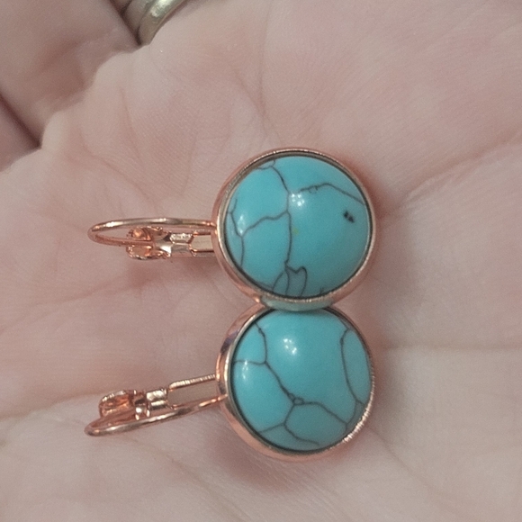 Turquoise Faux Stone Glam Bezel Earrings - Picture 3 of 3